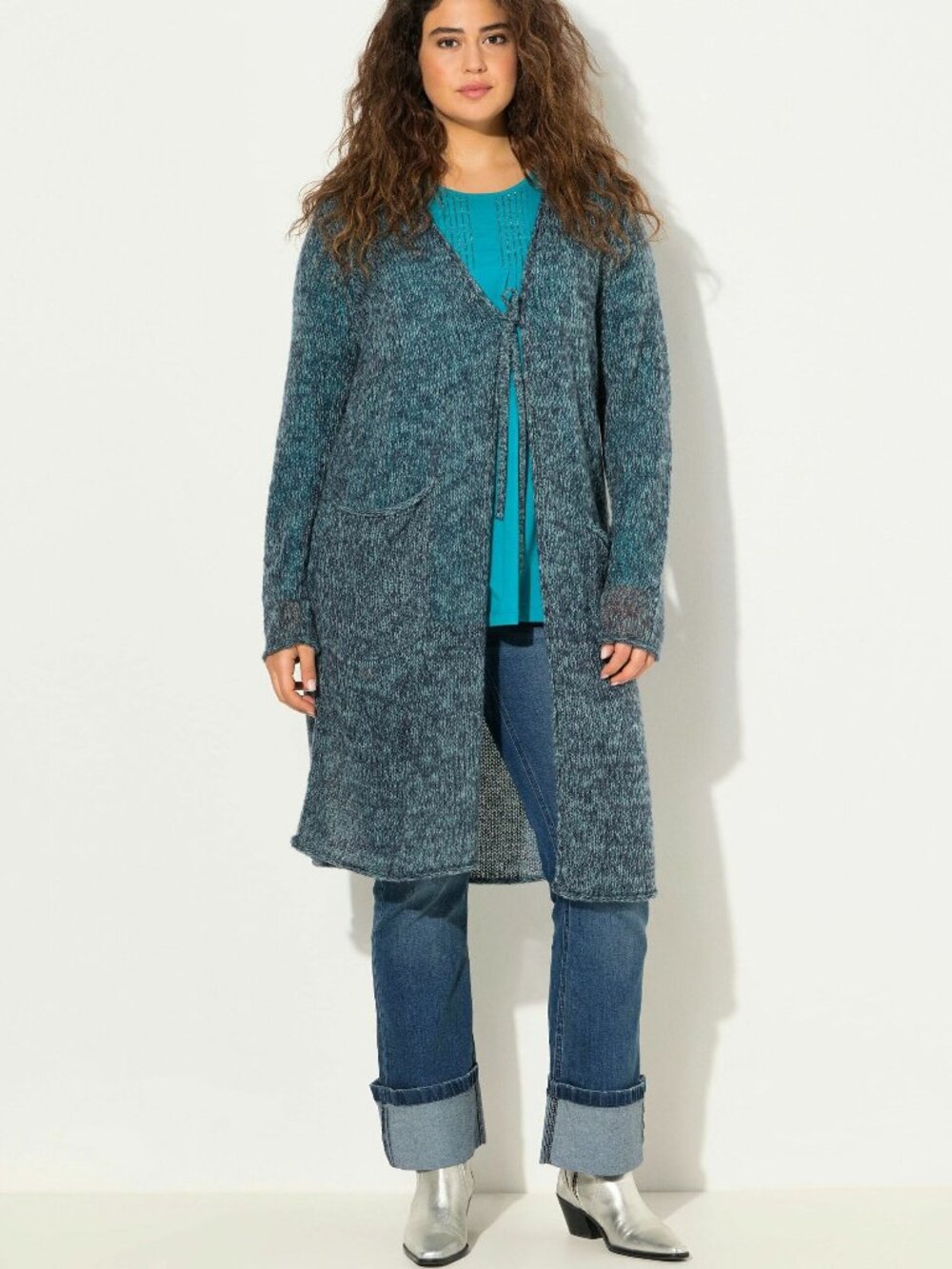 Ulla Popken Teal Marled Tie Front Long Cardigan Sweater | Size 28/30